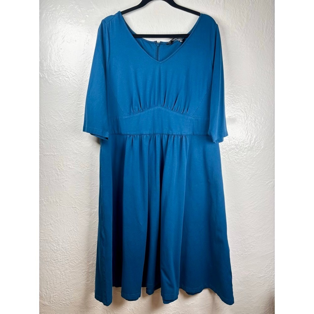 eShakti Empire Waist Dress 22W Blue Modest Office Capsule Pockets Luxury Comfy